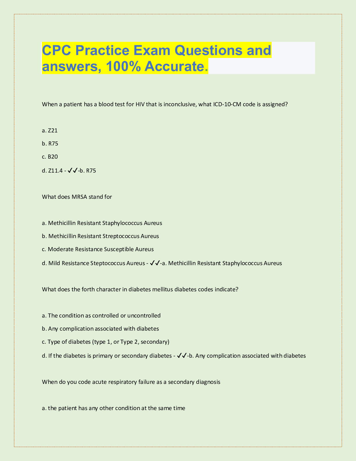 CPC Practice Exam -Questions and  answers, 100% Accurate.